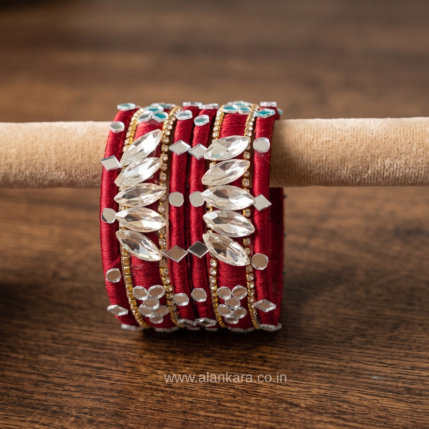 White Crystal Wine Silk Thread Bangles on display, showcasing handcrafted detail with sparkling white crystals and wine silk.