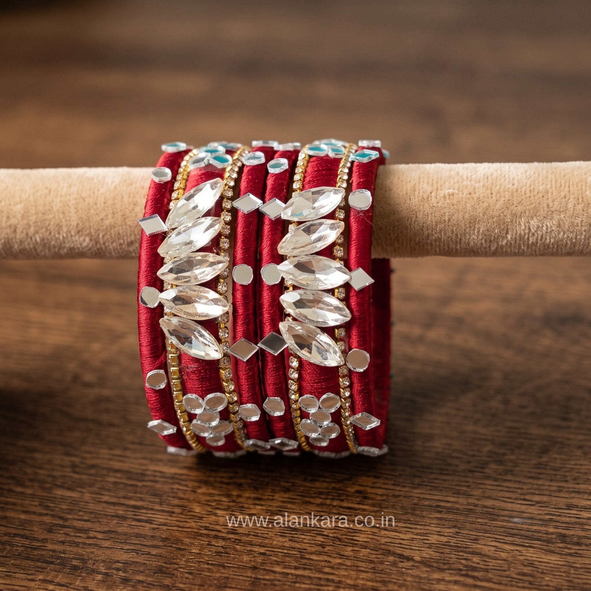 White Crystal Wine Silk Thread Bangles on display, showcasing handcrafted detail with sparkling white crystals and wine silk.