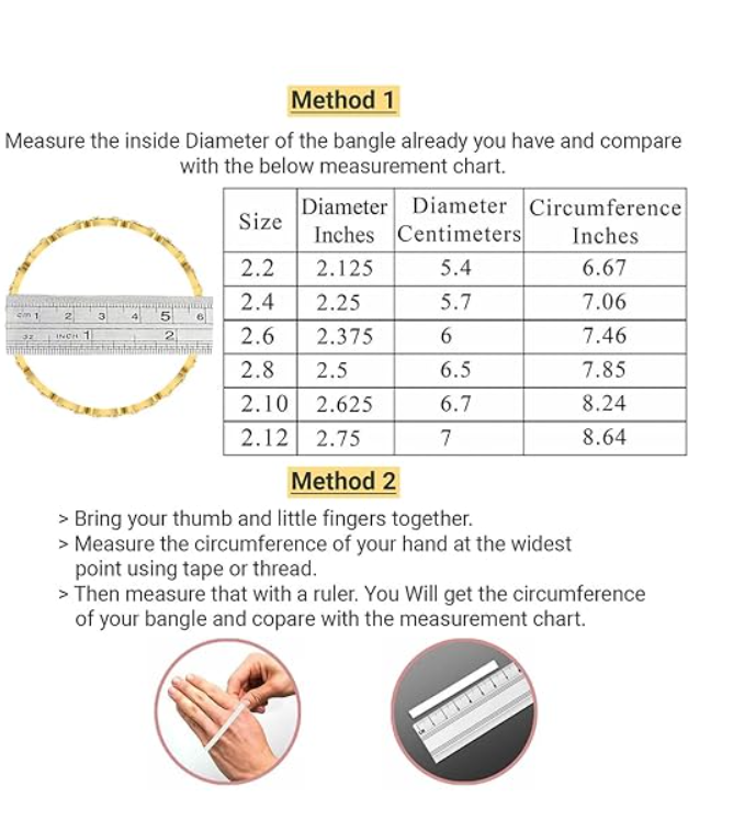 Measurement guide for silk thread bangles showcasing size and circumference details.