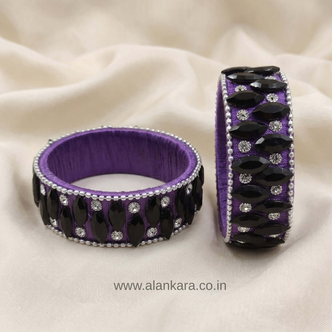 Purple Black Crystal Silk Thread Kada Bangles showcasing black marquise-shaped crystals on a rich purple silk thread base.