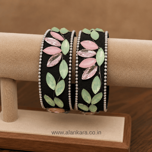 Black Pastel Crystal Silk Thread Kada Bangles featuring floral design with soft pink and mint green marquise crystals on black silk.