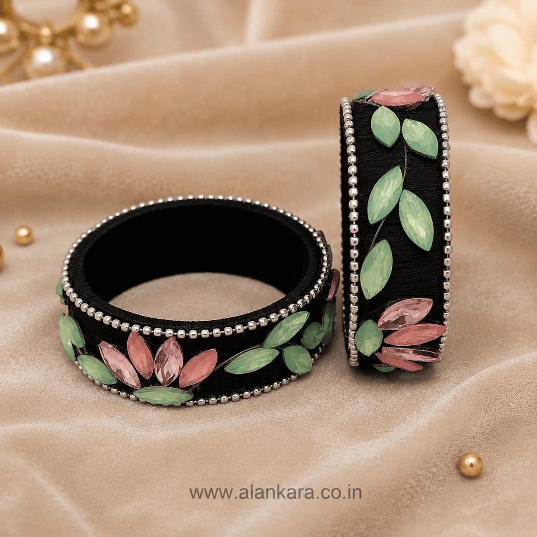 Black Pastel Crystal Silk Thread Kada Bangles featuring pink and green marquise crystals on a black silk thread base.