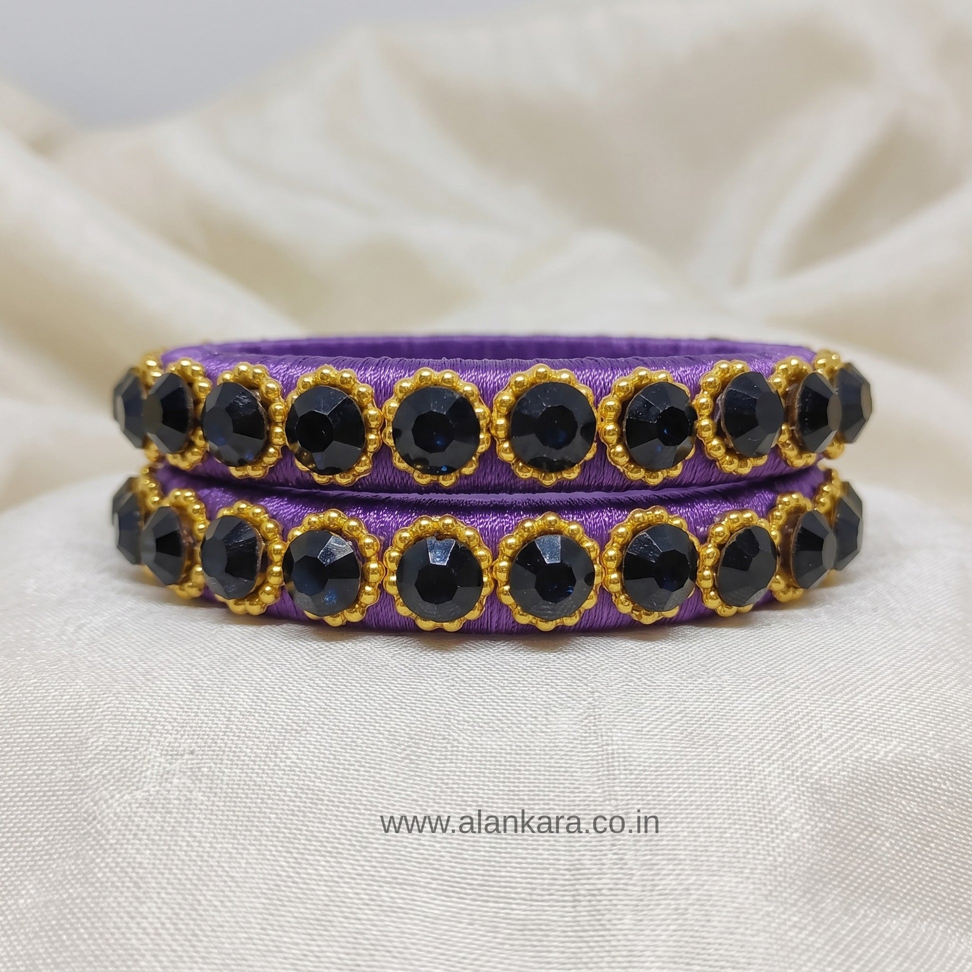Royal Purple Crystal Silk Thread Kada Bangles with black crystals and golden bead detailing.