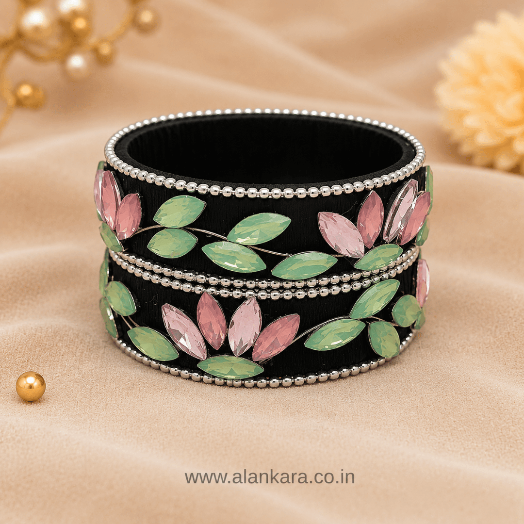 Black Pastel Crystal Silk Thread Kada Bangles featuring soft pink and mint green marquise crystals on black silk thread.