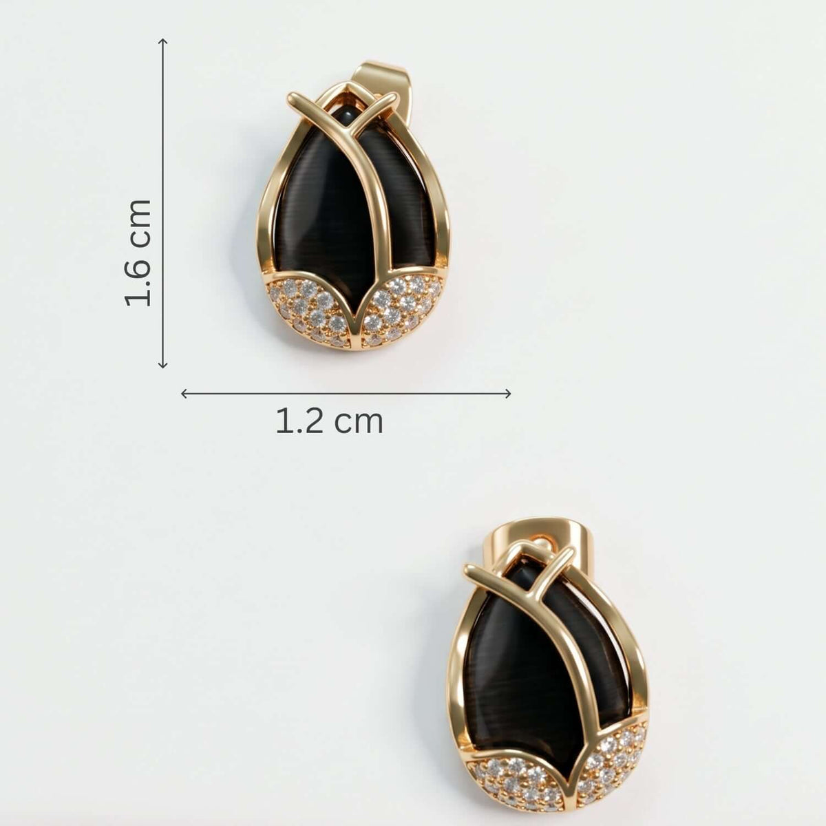 Black Leaf Stud earring design with cubic zirconia, dimensions 1.6cm x 1.2cm, gold plated finish, perfect for styling.