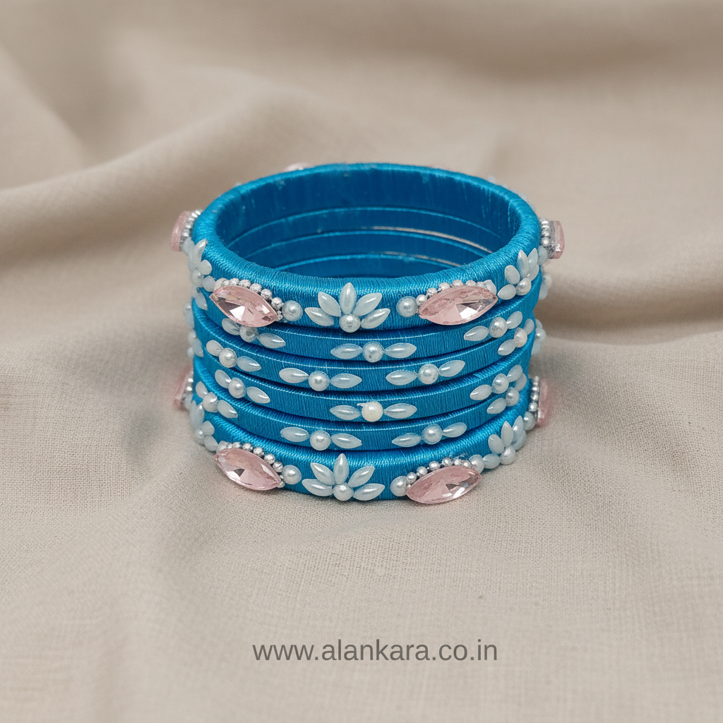 Blue Pearl Crystal Silk Thread Bangles featuring rich blue silk, pearls, and crystals.