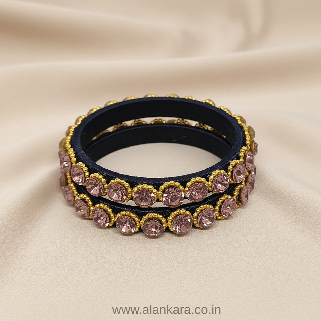 Navy Blue Crystal Silk Thread Kada Bangles featuring blush-pink crystals and golden beads, perfect for festive occasions.