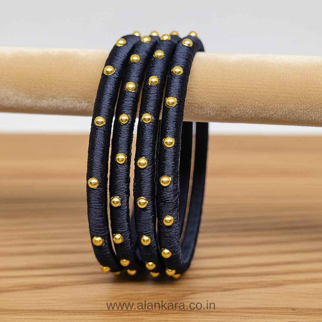 Navy Blue Golden Silk Thread Bangles featuring a rich silk thread base with golden bead detailing.
