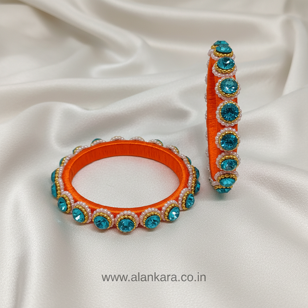Orange & Blue Pearl Silk Thread Kada Bangles featuring orange silk base with blue crystals and white pearls