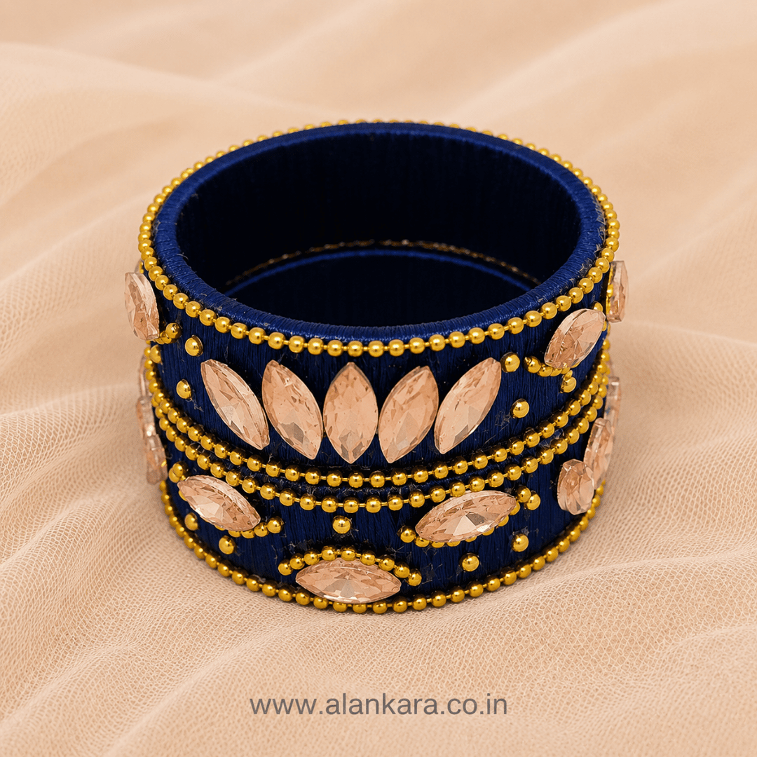 Navy Blue Peach Crystal Silk Thread Kada Bangles featuring peach marquise crystals and golden beads on silk.