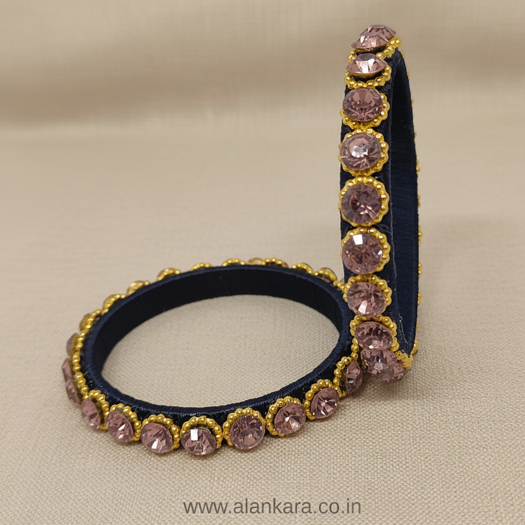 Navy Blue Crystal Silk Thread Kada Bangles featuring blush-pink crystals and golden beads for elegant style.