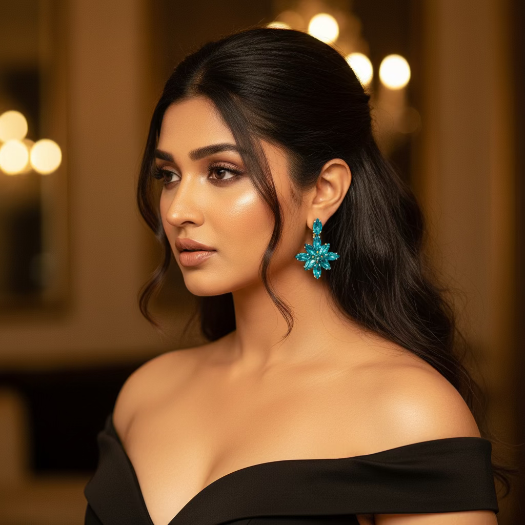 Woman wearing a black off-shoulder top with blue earrings against a blurred background