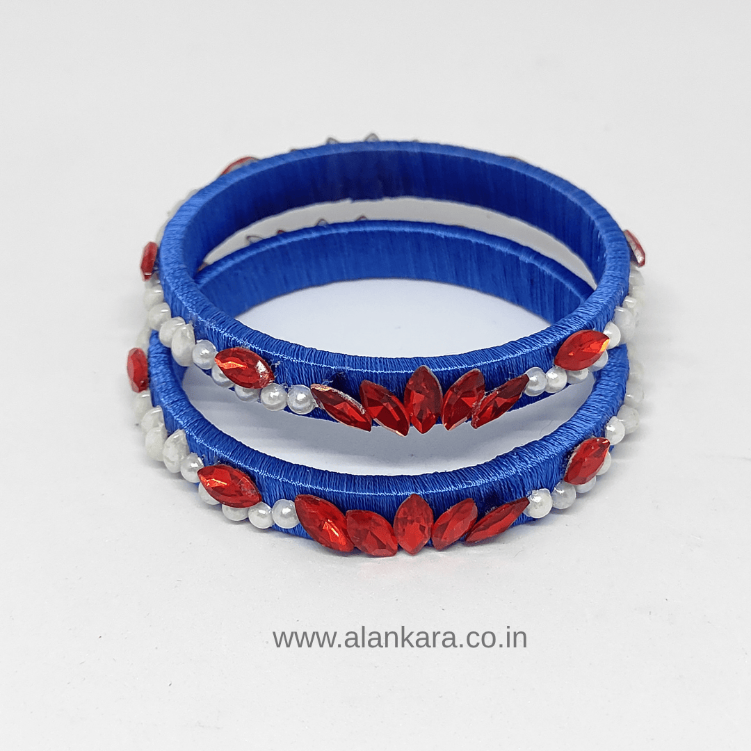 Royal blue floral pearl crystal silk thread bangles set of 2 with red crystal stones.