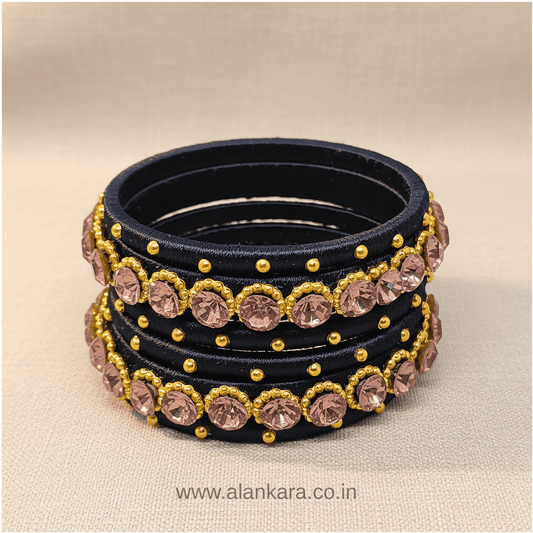 Navy Blue Pink Crystal Silk Thread Bangles decorated with pink crystals and golden beads, perfect for festive occasions.