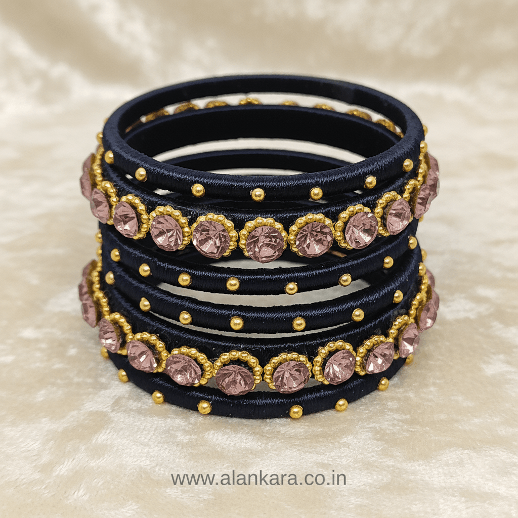 Navy Blue Pink Crystal Silk Thread Bangles adorned with pink crystals and golden beads for festive elegance.