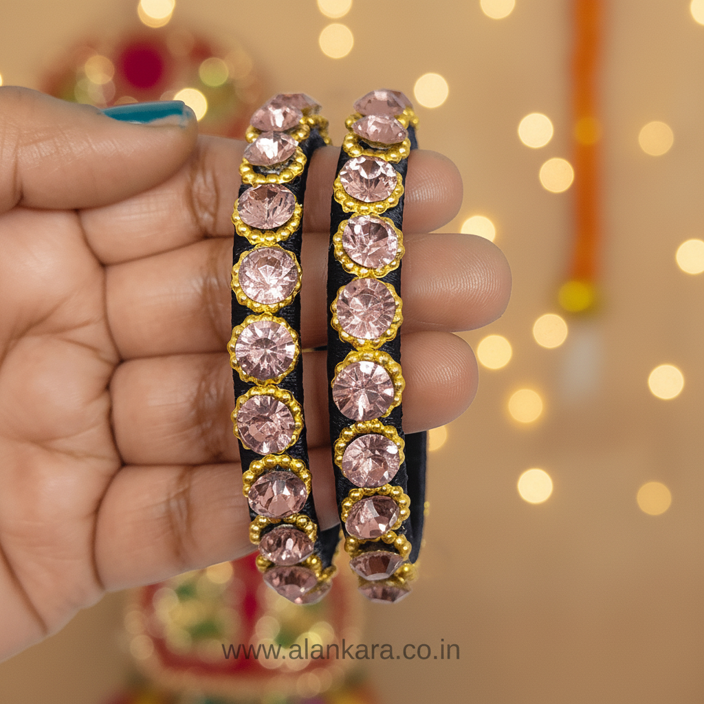 Navy Blue Crystal Silk Thread Kada Bangles with blush-pink crystals and golden beads, perfect for festive occasions.