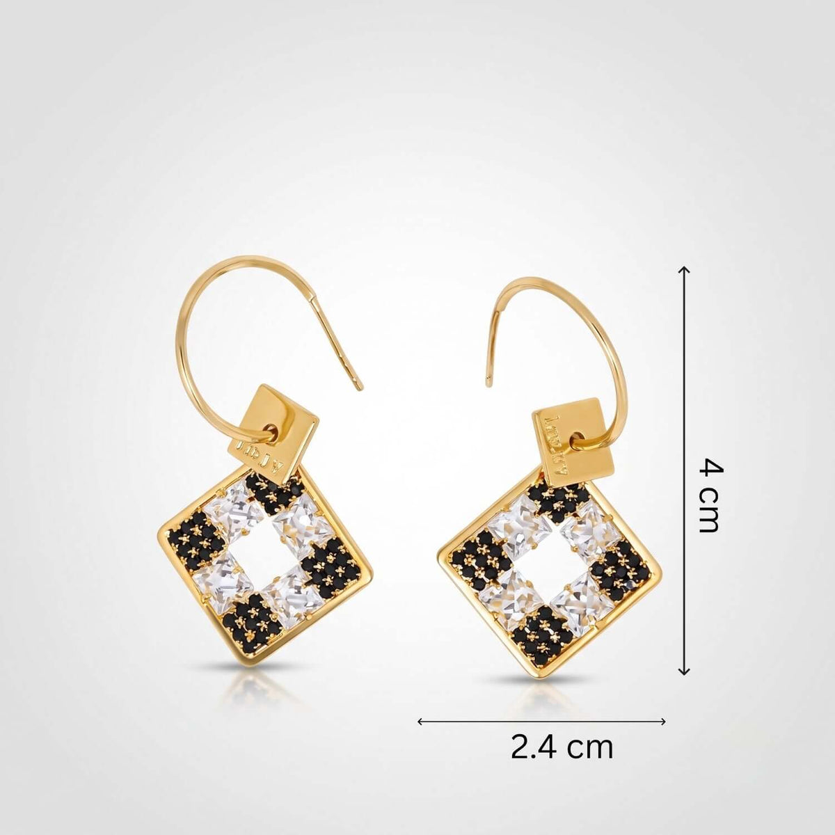 Golden Black Square Hoop earrings with cubic zirconia, gold plated, dimensions 4 cm x 2.4 cm.
