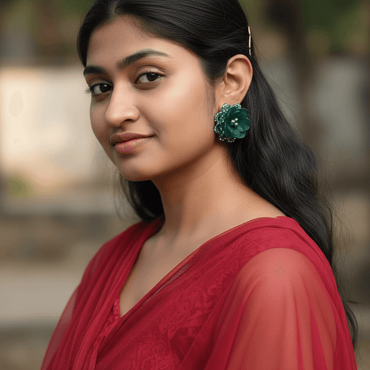 Green color Earrings ceramic flower studs