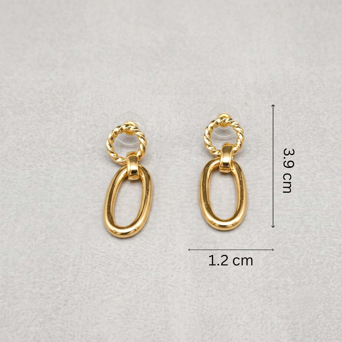 Golden Chain Hoop earrings with dimensions 3.9 cm by 1.2 cm, perfect for styling with various outfits.
