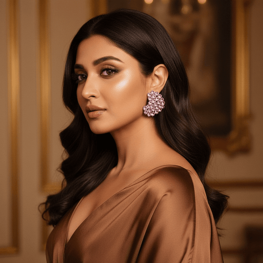 Woman wearing a brown dress and rosegold earrings