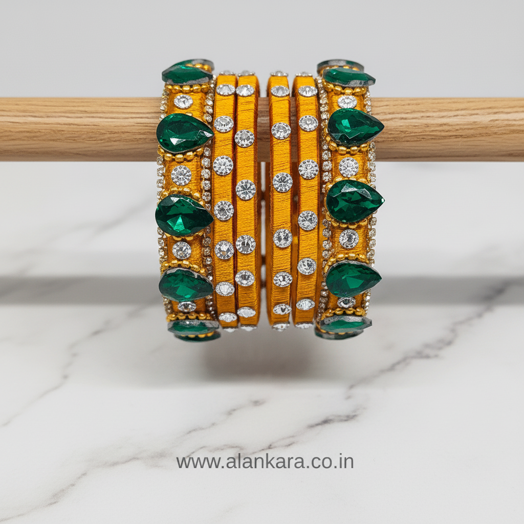 Golden Green Crystal Silk Thread Bangles featuring sparkling emerald crystals and elegant silk thread design.
