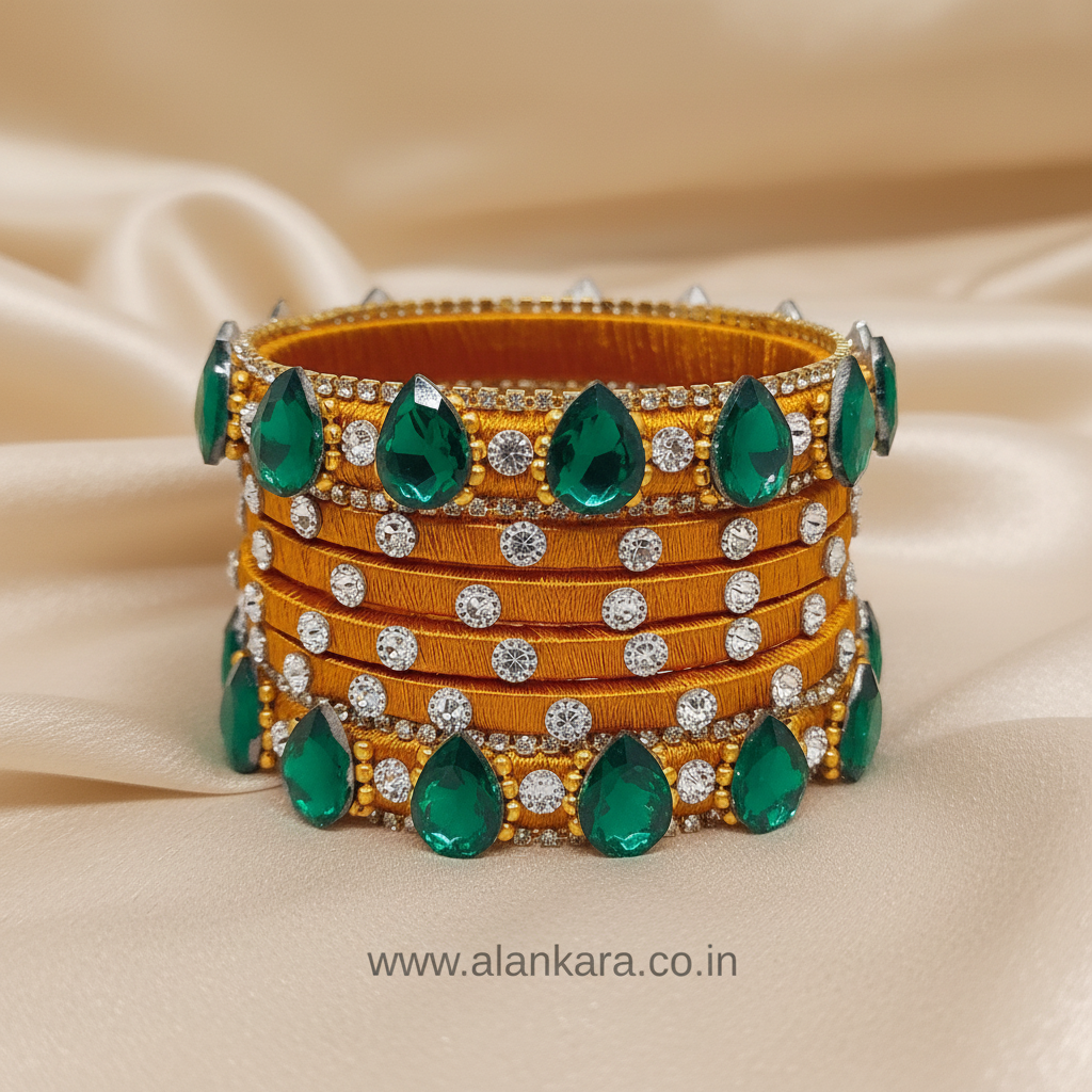 Golden Green Crystal Silk Thread Bangles featuring emerald green crystals and sparkling stones on silk thread.