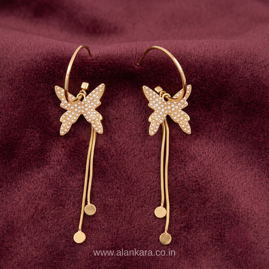 Golden pearl butterfly danglers - Korean fashion earrings | Alankara