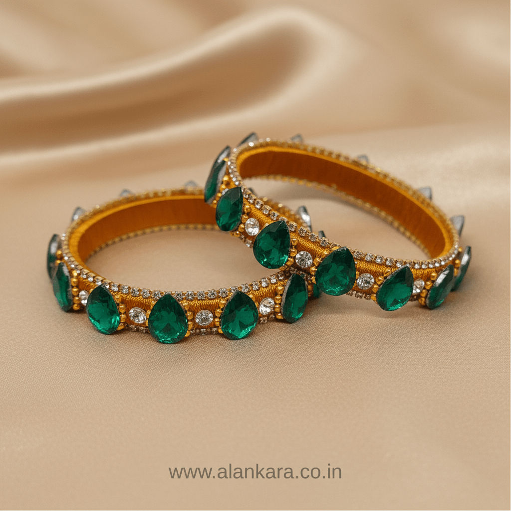 Golden Green Crystal Silk Thread Kada Bangles adorned with green crystals and shimmering AD stones.