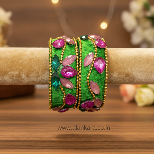 Parrot Green Floral Crystal Silk Thread Kada Bangles with pink and green crystals, perfect for festive wear.