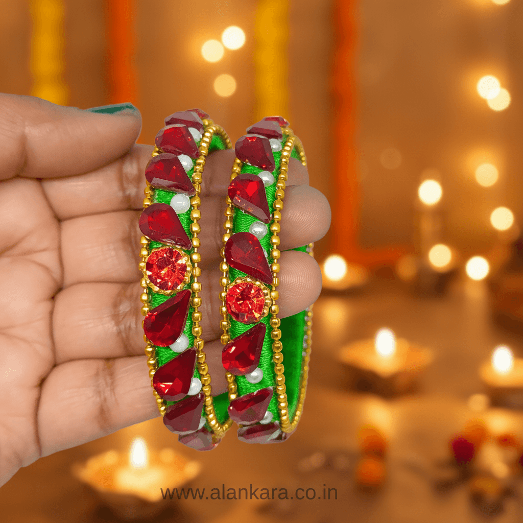 Green & Red Silk Thread Kada Bangles elegantly handcrafted with silk, crystals, and pearls, perfect for traditional occasions.