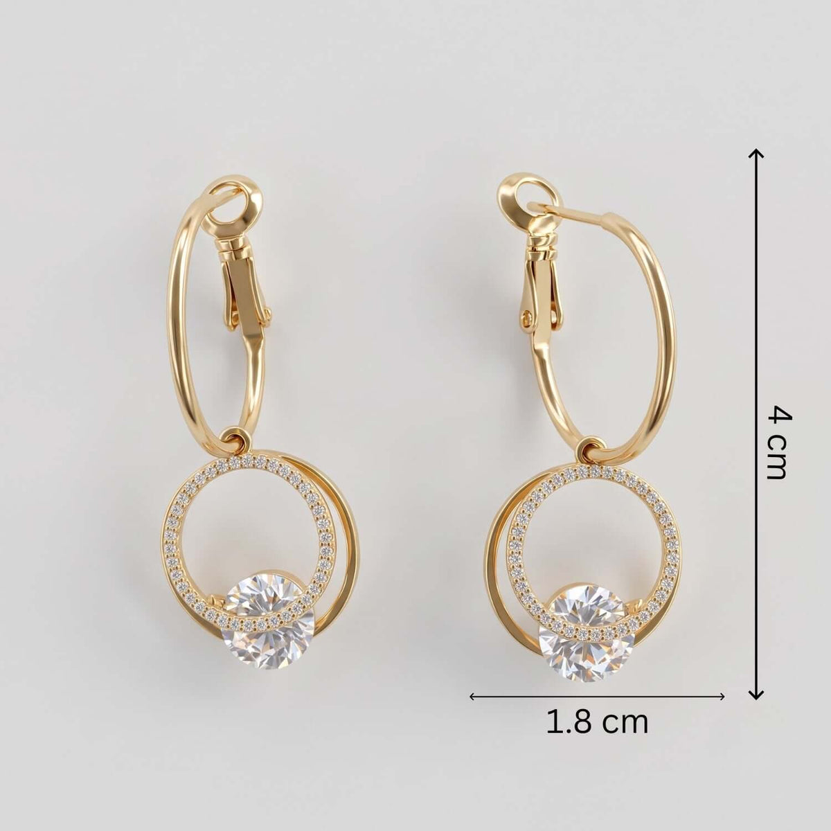 Golden Rhinestone Hoop featuring a cubic zirconia stone and gold plating, measuring 4 cm in length and 1.8 cm in width.