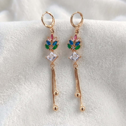 Multicolor Crown Dangler earrings featuring gold plating, crystal stones, and a vibrant design suitable for various outfits.