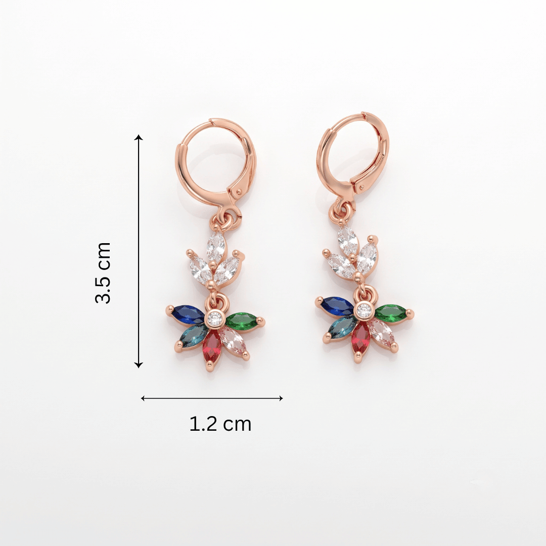 Multicolor Lotus Dangler earrings showcasing multicolor crystals, gold plating, and dimensions of 3.5 x 1.2 cm.