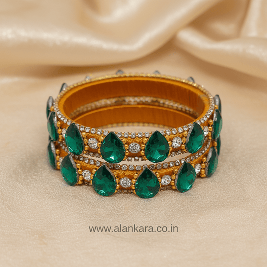 Golden Green Crystal Silk Thread Kada Bangles featuring vibrant green crystals and sparkling AD stones.