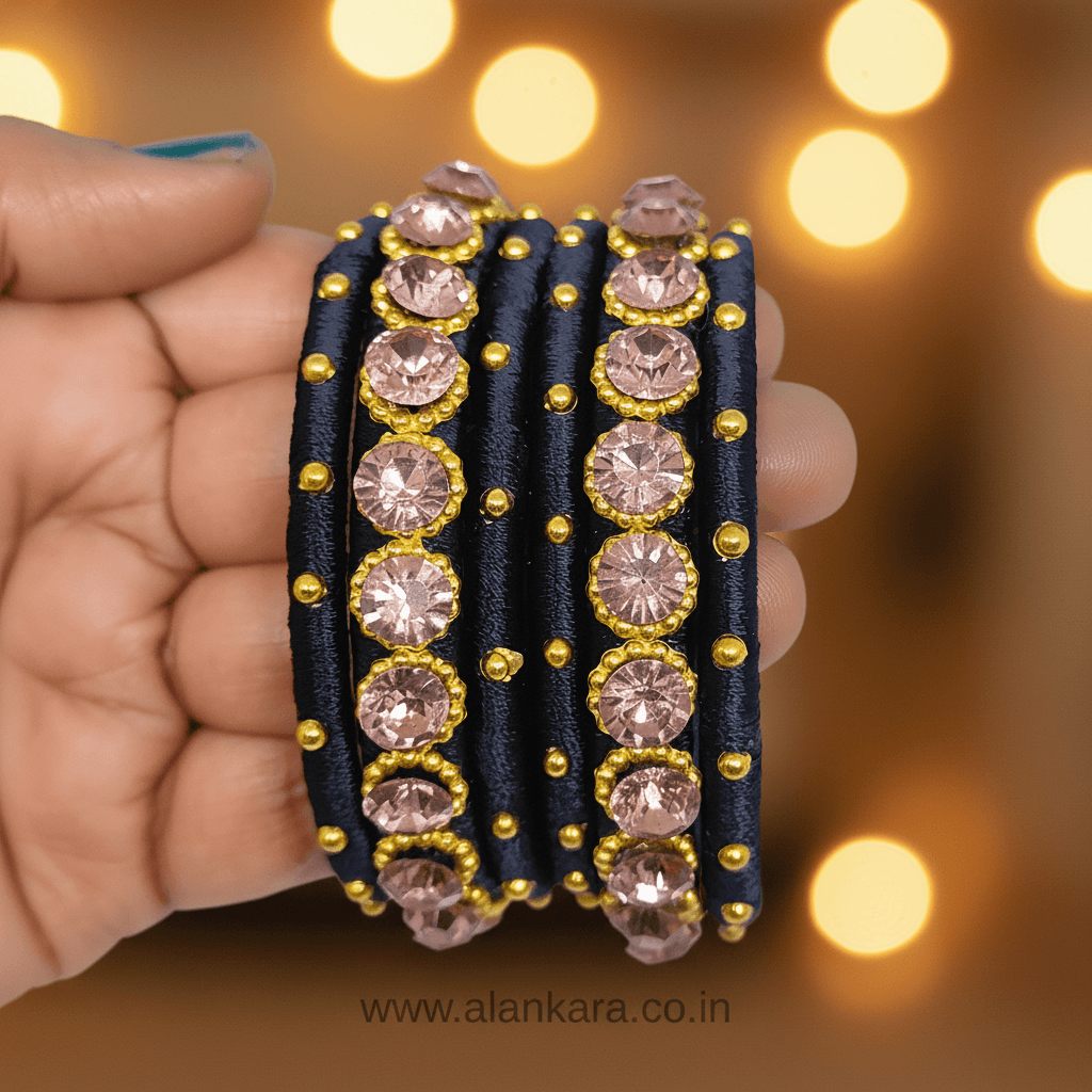 Navy Blue Pink Crystal Silk Thread Bangles with pink crystals and golden beads, perfect for festive and wedding occasions.