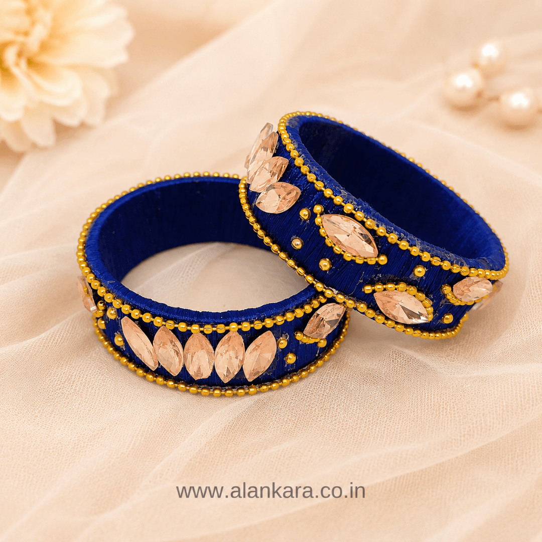 Navy Blue Peach Crystal Silk Thread Kada Bangles featuring peach marquise crystals and golden beads on silk thread.