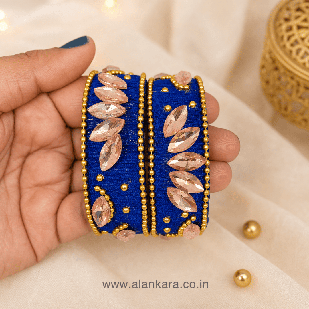 Navy Blue Peach Crystal Silk Thread Kada Bangles showcasing elegant peach crystals and golden beads on silk.