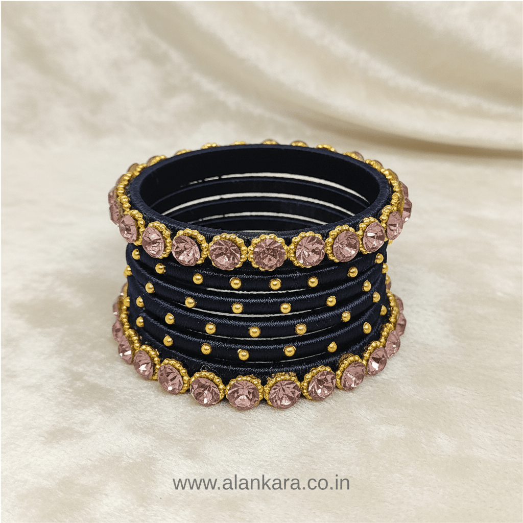 Navy Blue Pink Crystal Silk Thread Bangles with pink crystals and golden beads, perfect for festive looks.