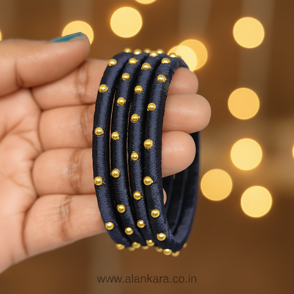 Navy Blue Golden Silk Thread Bangles displayed beautifully with golden bead detailing, perfect for ethnic and festive outfits.