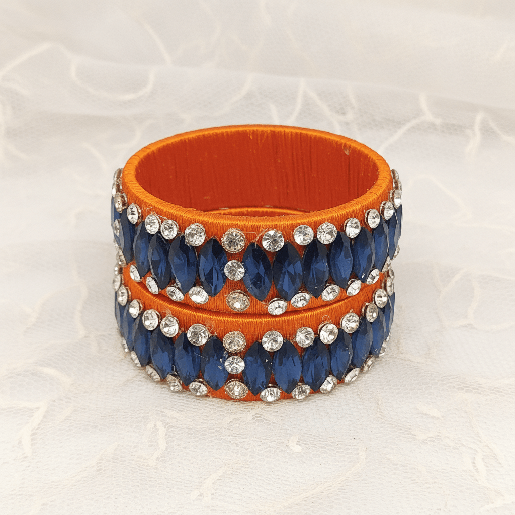 Orange Blue Crystal Silk Thread Kada Bangles featuring blue marquise-shaped crystals on orange silk thread.