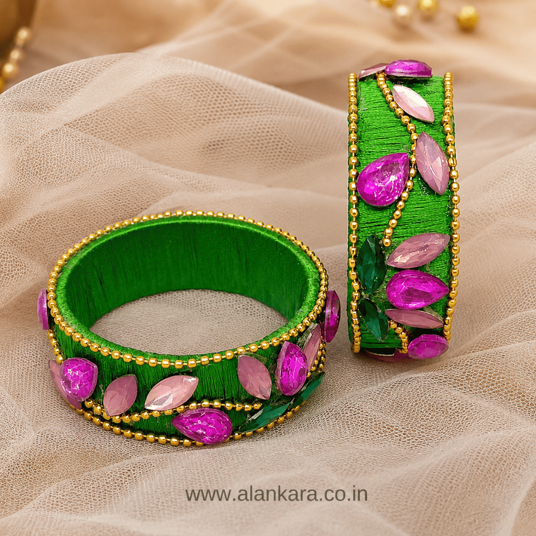 Parrot Green Floral Crystal Silk Thread Kada Bangles with pink crystals and green marquise stones on silk thread.