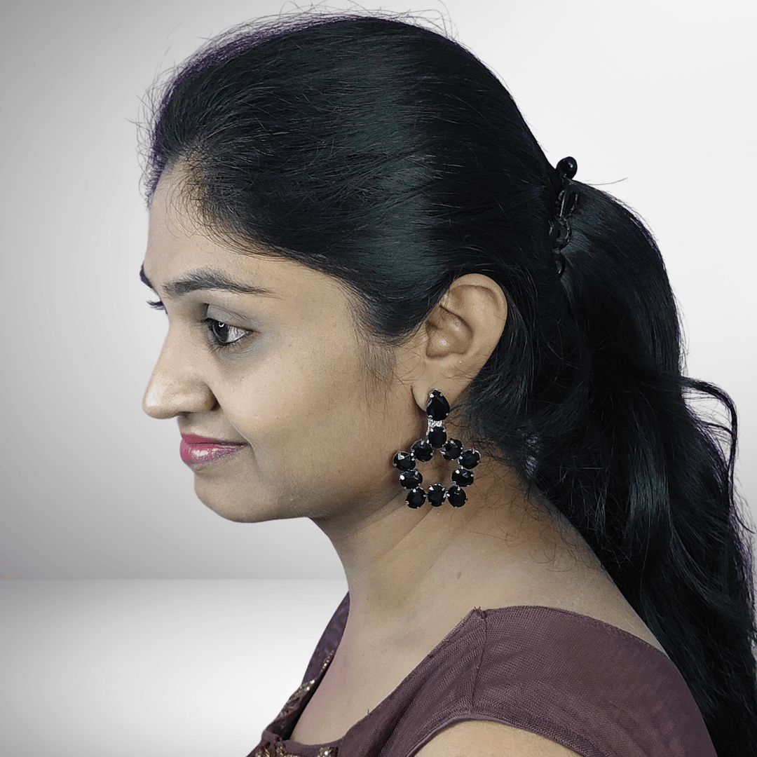 Black color Earrings Penta stone hoops - Partywear Earrings | ALANKARA