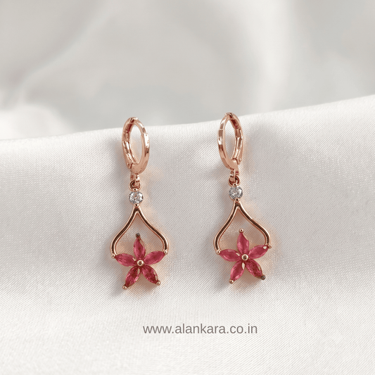 Pink Floral Drop Hoop earrings featuring pink flower design with crystals and gold plating.