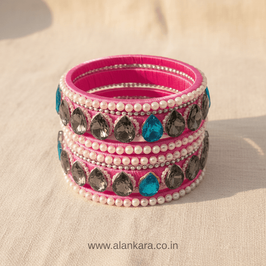 Pink Pearl Crystal Silk Thread Bangles featuring pink silk, grey and blue crystals, and white pearls.