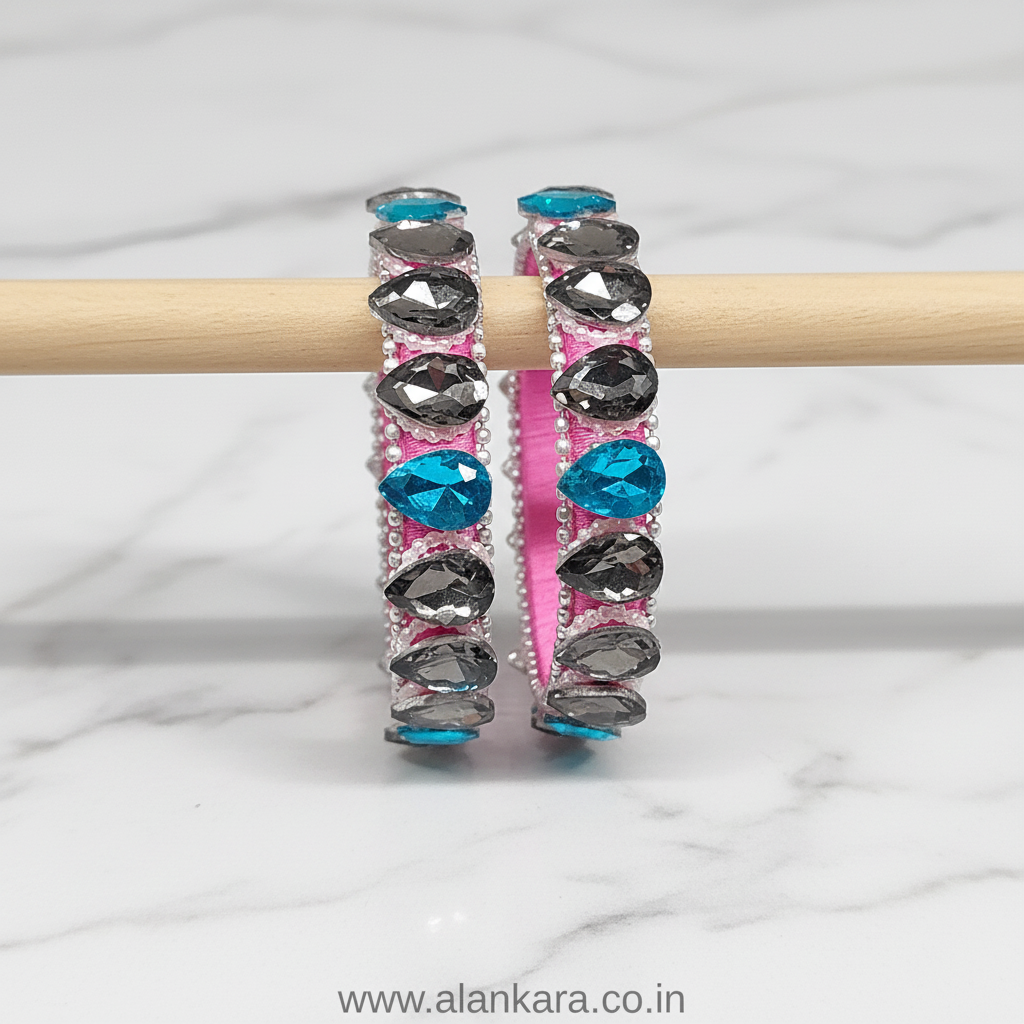 Pink Crystal Silk Thread Kada Bangles featuring pink silk thread with grey and blue crystals and silver beads.
