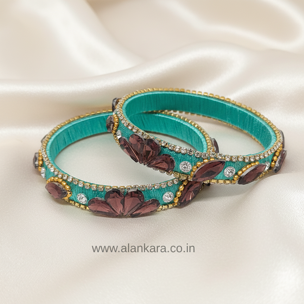 Pista Green Crystal Silk Thread Kada Bangles featuring wine-colored crystals and golden detailing.