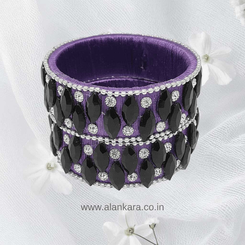 Purple Black Crystal Silk Thread Kada Bangles adorned with black crystals and white zircon stones on rich purple silk.