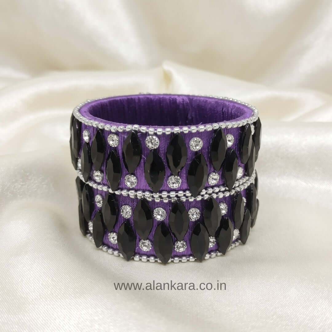 Purple Black Crystal Silk Thread Kada Bangles featuring black marquise crystals and white zircon stones on a purple silk base.