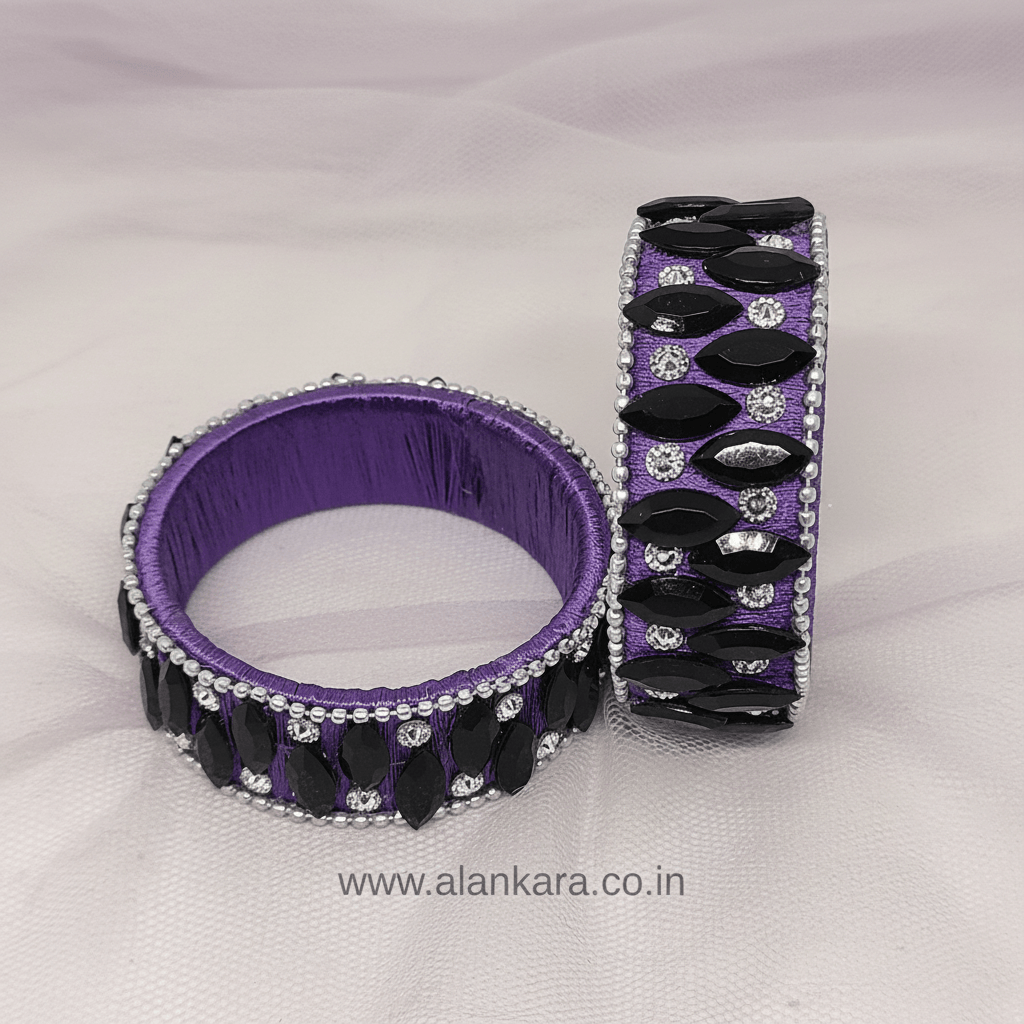 Purple Black Crystal Silk Thread Kada Bangles featuring black marquise-shaped crystals and white zircon stones on purple silk.