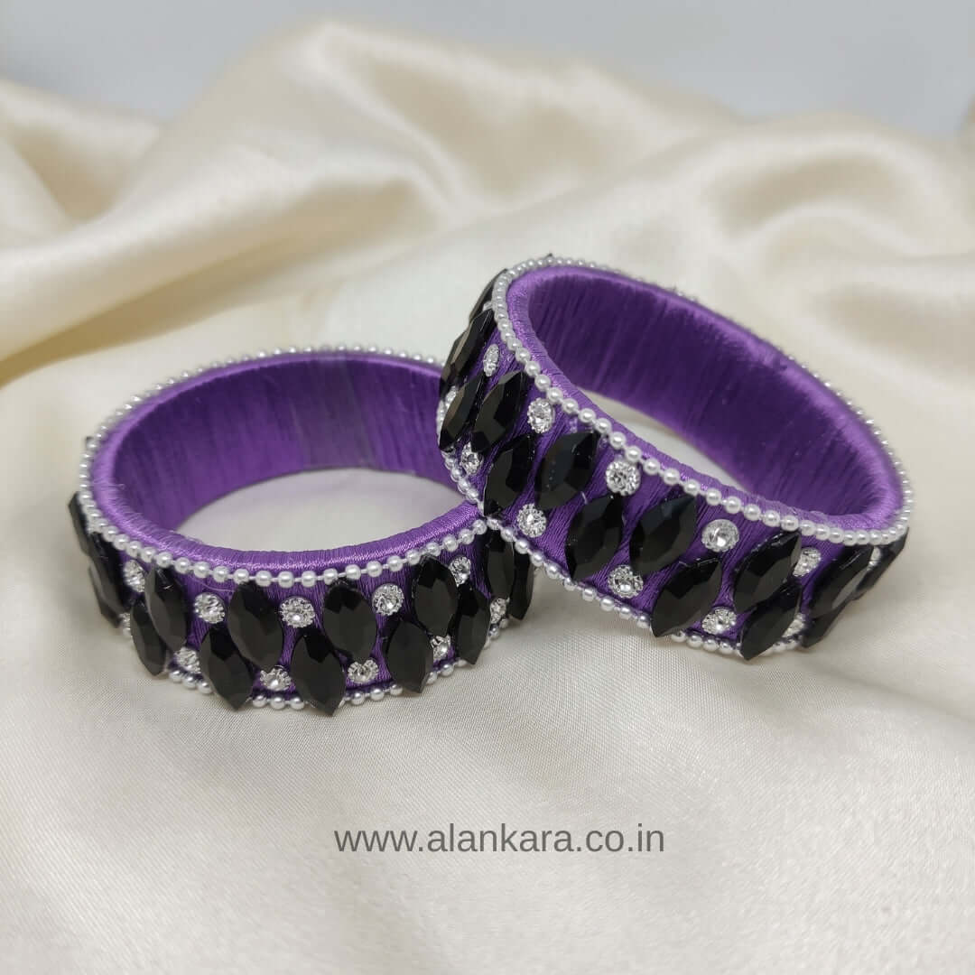 Purple Black Crystal Silk Thread Kada Bangles featuring black marquise crystals and white zircon on purple silk thread.